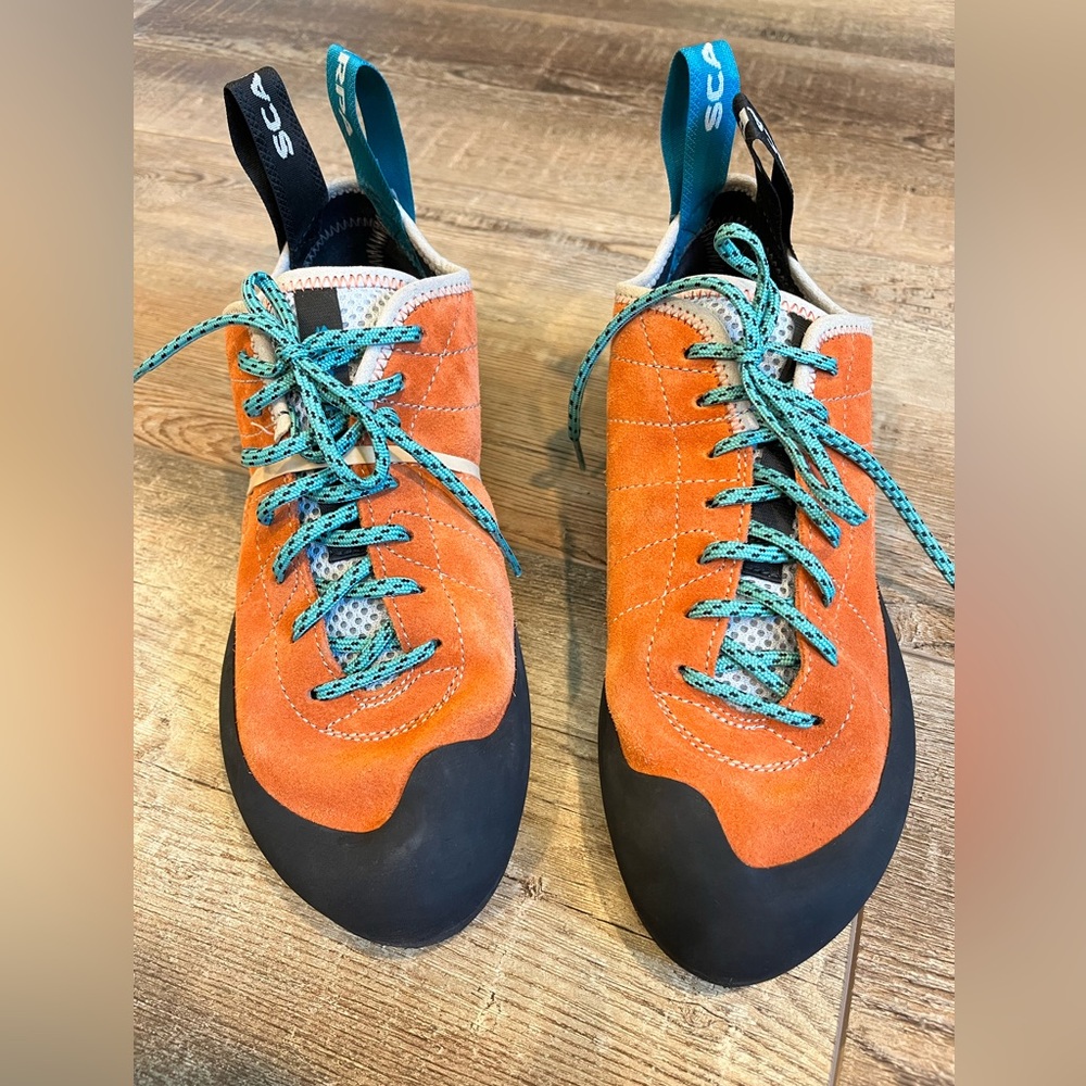 Rock climbing, Climbing Shoes. Scarpa. Orange Suede with Teal Laces